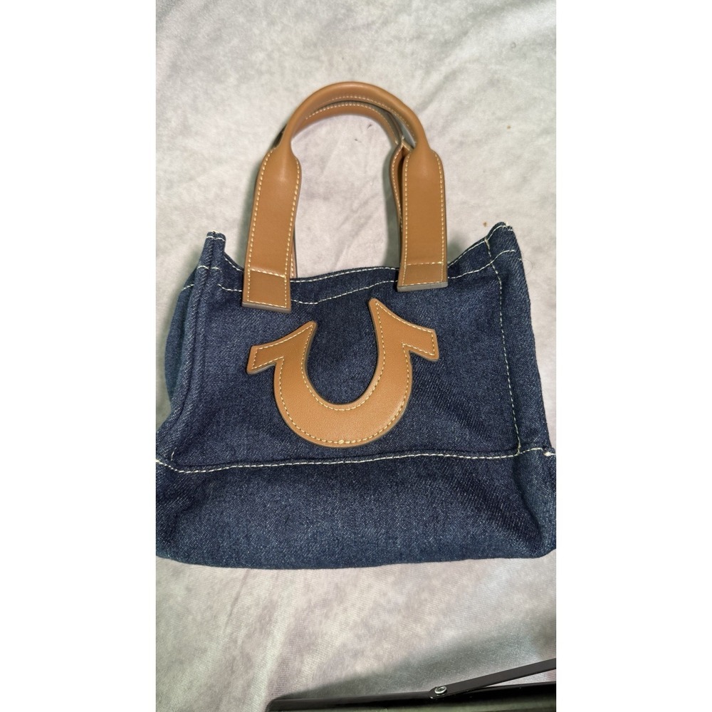 True Religion Denim Mini Tote Crossbody Bag Blue Brown Logo Adjustable Strap